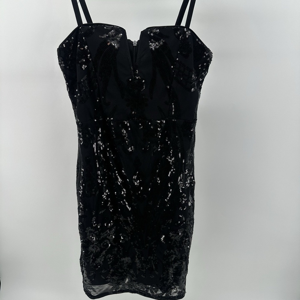 IRIS Black Sequin Bodycon Mini Dress S Sweetheart Plunge Bustier Sparkly Club